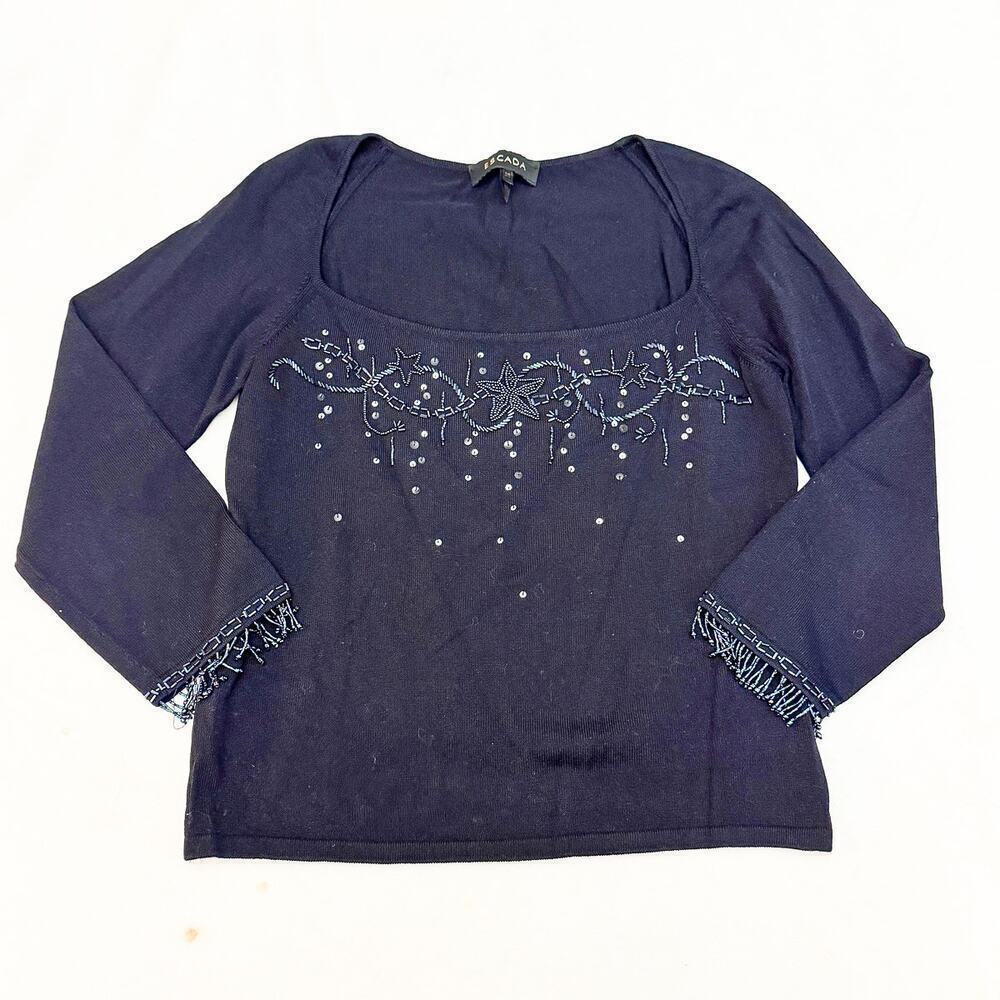 Escada Black Embellished Sequin Design 3/4 Sleeve Top Rayon/Cotton Size 38 MINT